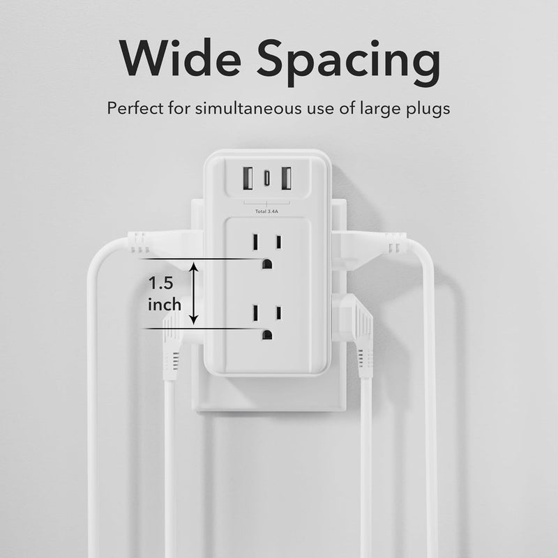 BN-LINK Multi Plug Outlet 2 Pack, 6 Wall Outlet Extender with 3 USB Charging Ports (1 USB C) Total 3.4A, 3-Sided Outlets Splitter Multiple Outlet Wall Plug for Home Office Dorm Room - Image 4